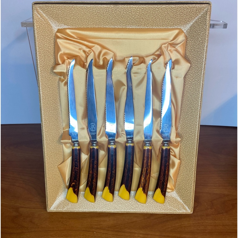 Glo-Hill Faux Antler S/S Steak Knives VTG (6)
